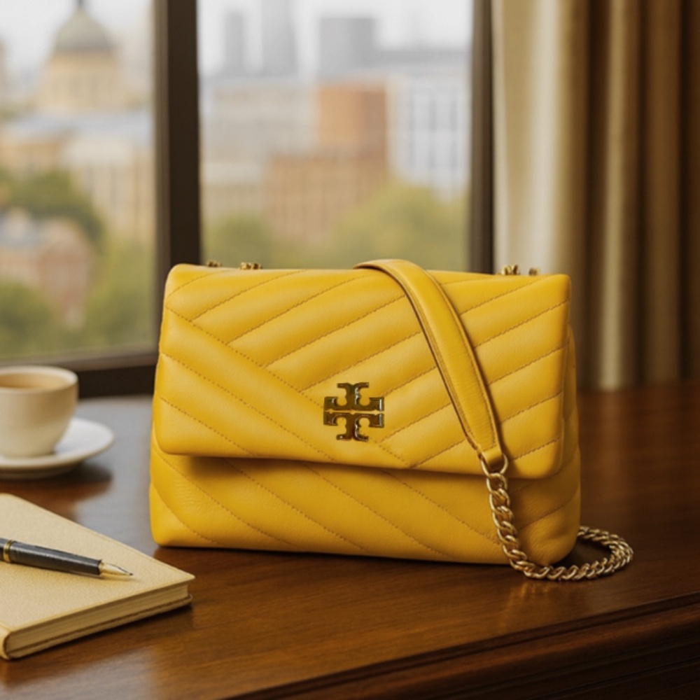 NEW Tory Burch Kira Chevron Goldfinch Yellow Small Convertible Shoulder Bag